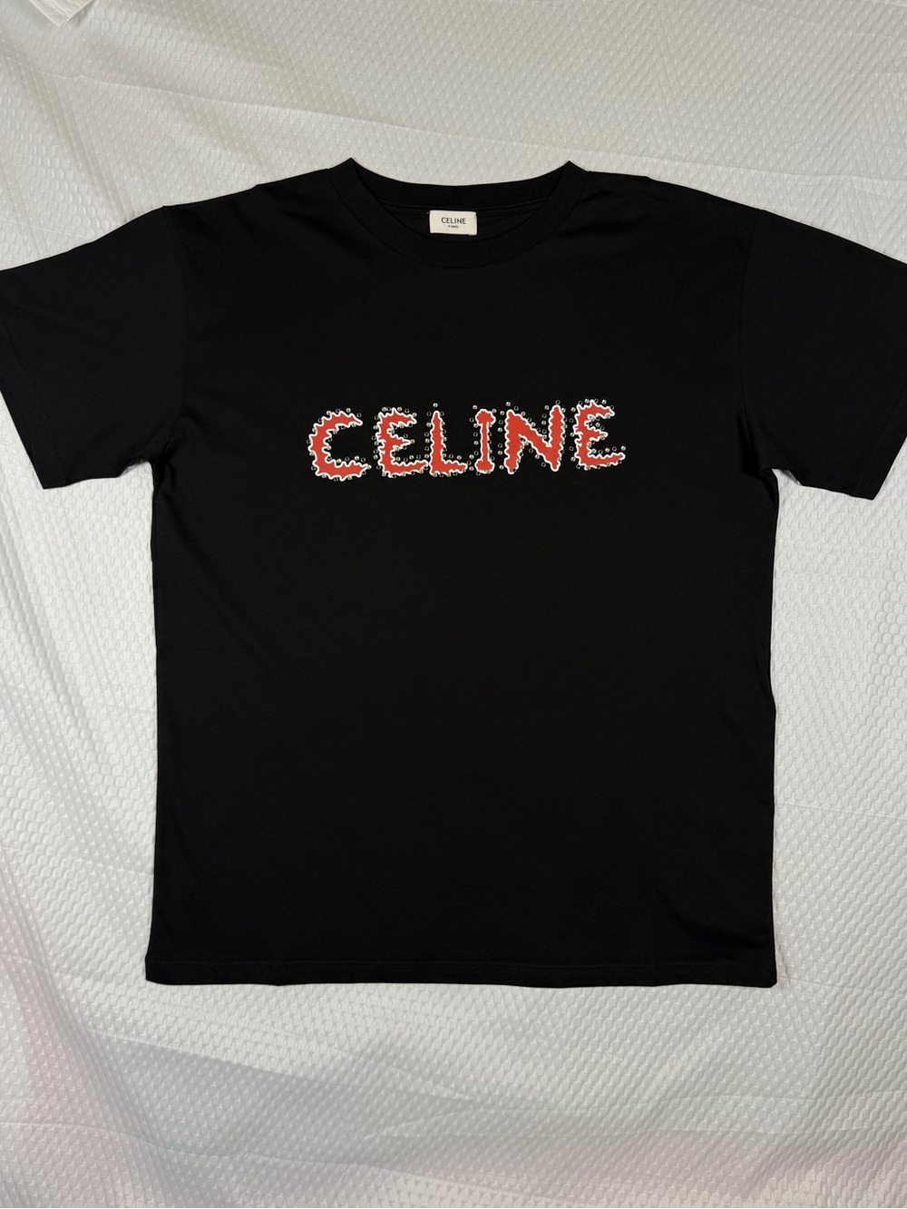 CELINE Unisex Black Studded Logo T-Shirt Oversized Size Small